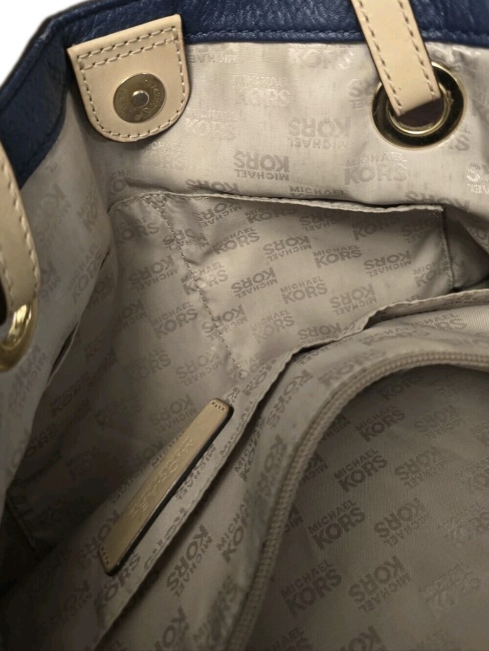 Michael Kors Navy Blue Pebbled Leather Tote Bag Tan Straps Gold Hardware - Picture 9 of 12